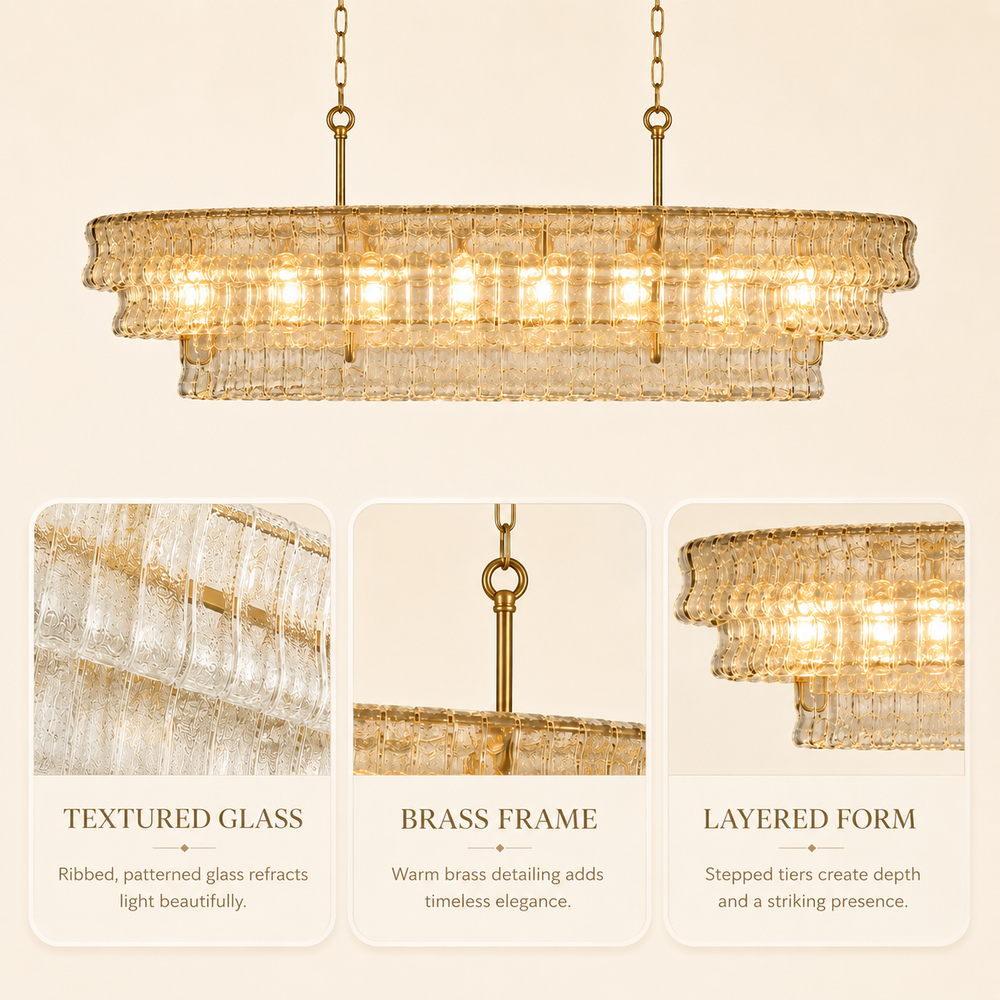 GeoLume Stone-Patterned Glass Rectangle Chandelier 54"W