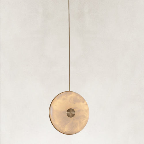 Nebula Alabaster Disc Pendant with Sculptural Stone Form 10