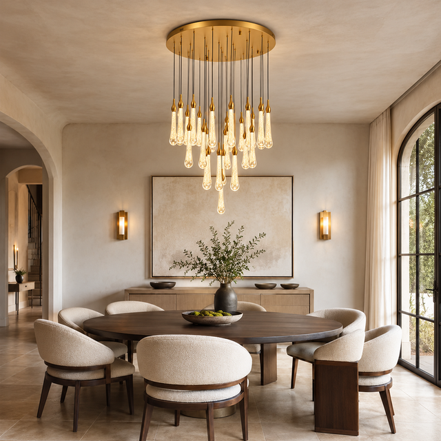 Selune round crystal cascade chandelier above a dining table