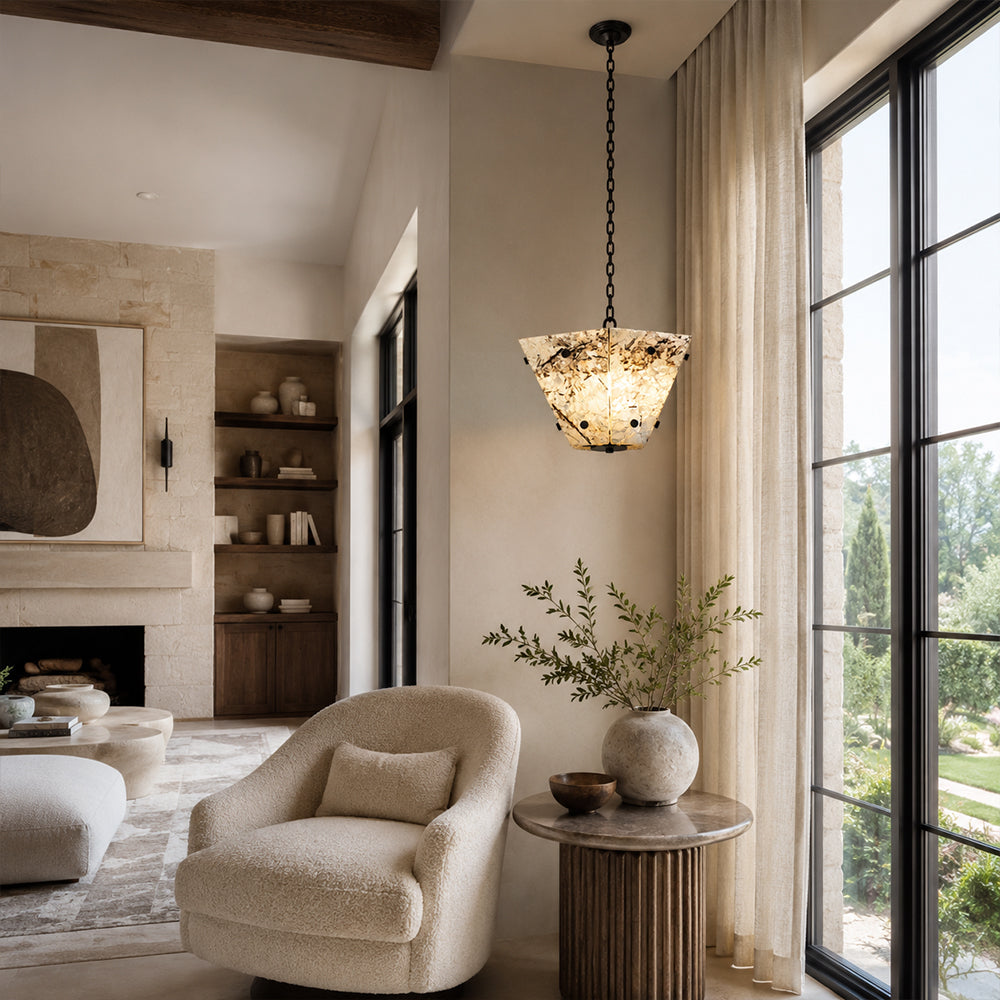 Snow Mountain White Marble Faceted Bowl Round Chandelier 15.7"D