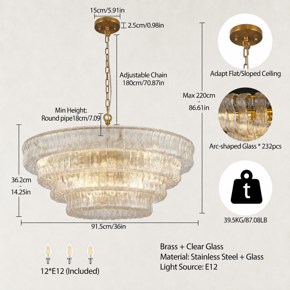 GeoLume Fluted Glass Round Chandelier 36"D